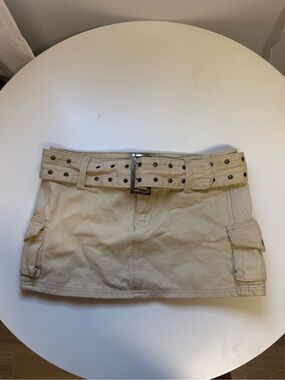 Beige Cargo Mini Skirt with Studded Belt